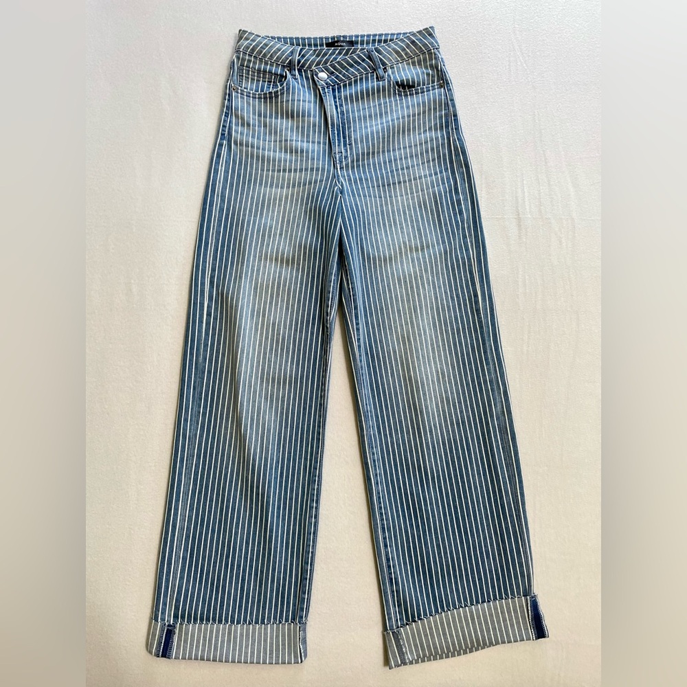 AQUA Striped High Rise Wide Leg Jeans Sailor Medium Wash Raw Hem Coastal Size 27 - Picture 6 of 14